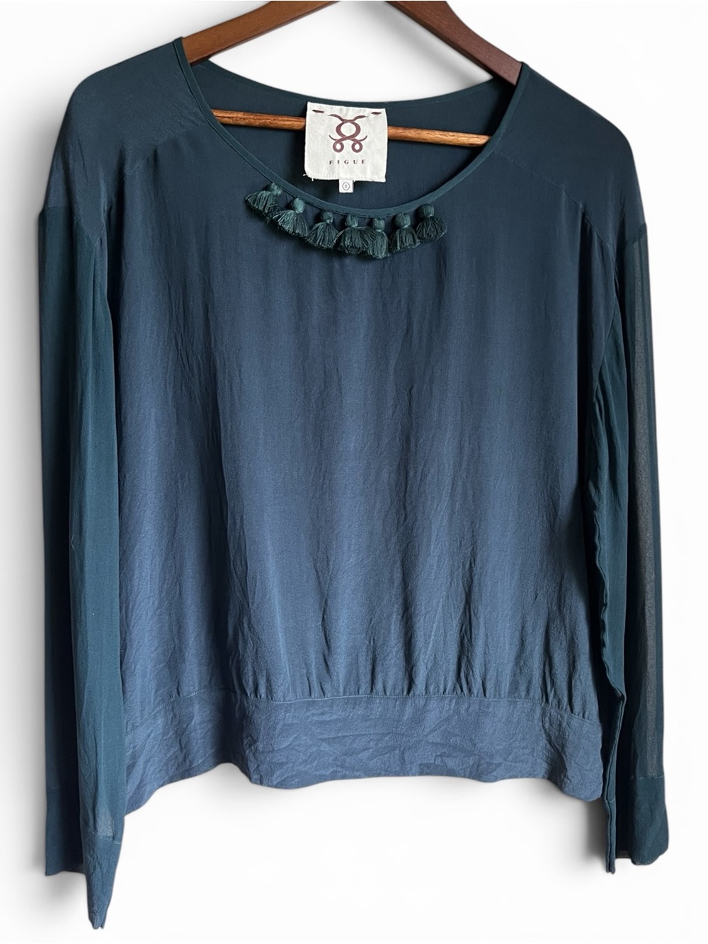 Figue Women’s S 100% Silk Tassel Blouse Top Teal Long Sleeve Boho Resort Artisan